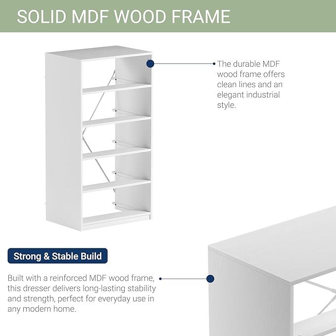 Modern 5-Drawer Dresser with Spacious Storage,Sturdy Wood Frame, and Large Capacity Drawers, Dressers for Bedroom, Home Organization Storage for Living Room or Hallway (White)