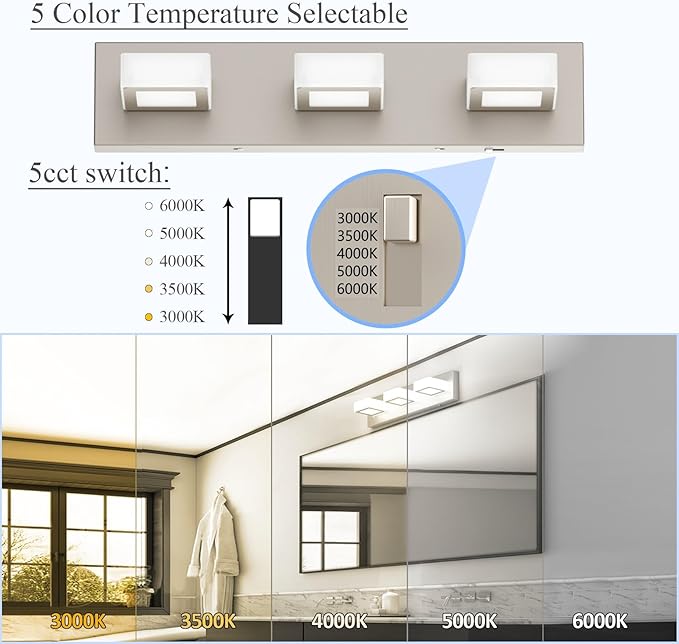 Ralbay 5 Color Temperature Brushed Nickel Bathroom Vanity Lights Dimmable Acrylic Modern LED Brushed Nickel Bathroom Wall Lighting Fixtures 3 Lights