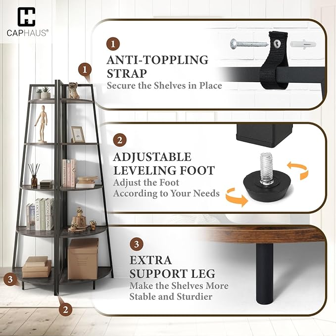CAPHAUS Tall Corner Shelf Stand, 4-Tier Display Shelves, Ladder Corner Wood Storage Plant Bookshelf with Metal Frame, Versatile Shelving Unit Bookcase for Home Office Space, Dark Grey