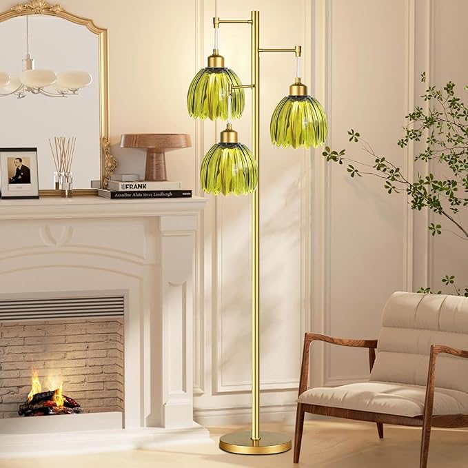 Vintage Floor Lamps for Living Room-3 Light Gold Floor Lamp with Three Bulbs & Glass Lampshape,Glass Mid Century Modern Standing Lamp Tree Tall Flower Floor Lamp for Bedroom Living Room,Corner