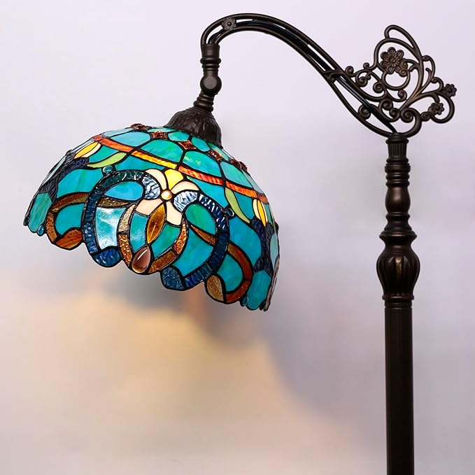 Tiffany Floor Lamp Stained Glass Lamp 18.88X12X67 Inch Angle Adjustable Arched Gooseneck Antique Reading Light (Green Brown Jewelry Baroque)