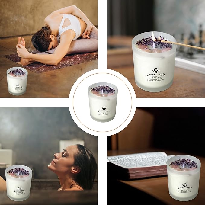 Crystal Vibe Healing Crystal Candle with Rose Quartz Crystals and Lavender Petals - Natural Soy Wax Lavender Scented Candle for Aromatherapy Meditation - Birthday Christmas Gifts for Women