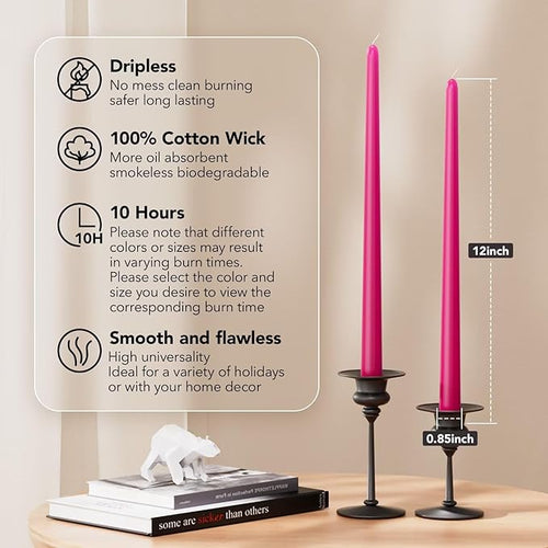 12-Inch Tall Dripless Taper Candles Set of 4 - Hot Pink Tapered Candles, Perfect for Spring - Smokeless, Unscented, Long Burning - Hand Poured, Colored Tall Candlesticks - neon Pink