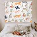 VUMIVI Cute Cat Tapestry Kids Hand-Painted Doodles Colorful Illustrations Potted Plants Paw Prints Tapestry Wall Hanging for Living Room Bedroom Dorm Classroom Aesthetic Decor W80xL60in