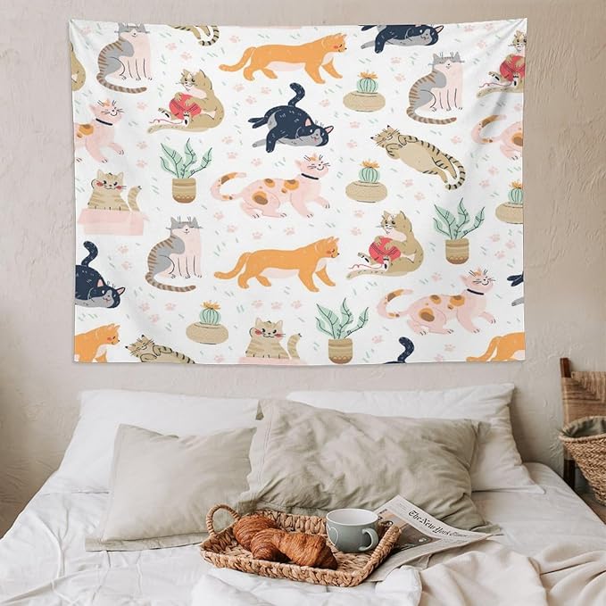 VUMIVI Cute Cat Tapestry Kids Hand-Painted Doodles Colorful Illustrations Potted Plants Paw Prints Tapestry Wall Hanging for Living Room Bedroom Dorm Classroom Aesthetic Decor W80xL60in