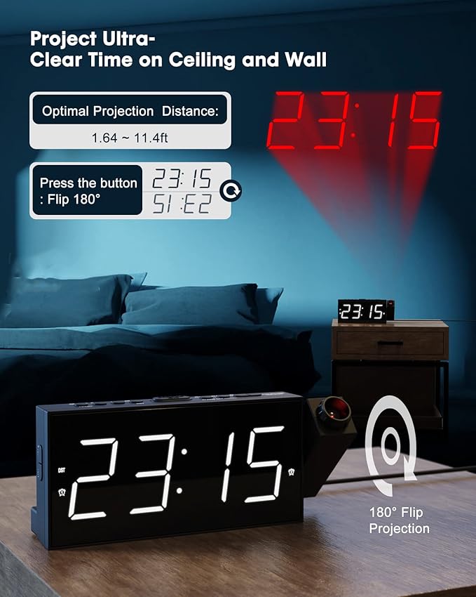 Projection Alarm Clock on Ceiling,Digital Clock for Bedroom with Battery Backup,7”Large Display,USB Charger,Dimmer,180° Rotatable Projector,12/24H,Snooze,DST,Loud Alarm Clock for Kids,Adults,Elders