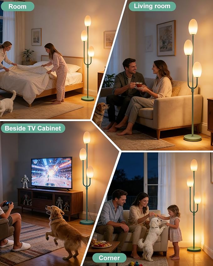 Lightdot 66IN Dimmable Floor Lamp 3-Lights Vintage Floor Lamps with Pebble-Shaped Shade& 3000K Warm White Bulbs for Wedding Party Modern Standing Tall Lamp for Living Room/Bedroom-Green