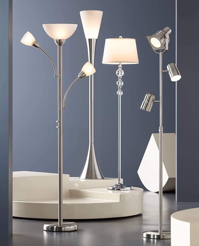 Possini Euro Design Alexei Modern Torchiere Floor Lamp Tree 3-Light Gooseneck Arm 72" Tall Brushed Nickel White Crackle Glass Pole Dimmer Living Room Reading House Bedroom Home Office