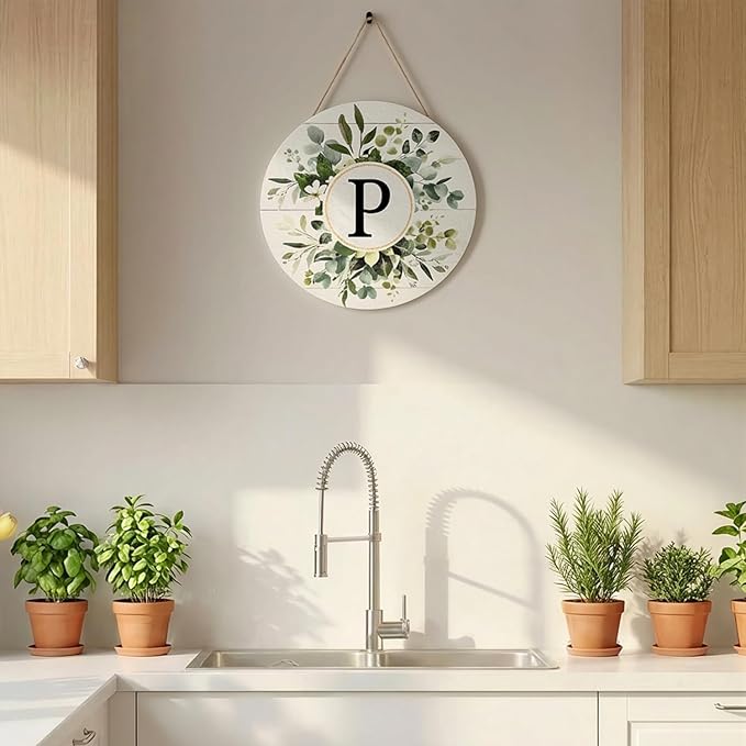 Smile Monogram Letter P Wreaths Wooden Welcome Sign, Family Last Name Initial Front Door Wall Decoration, Floral Spring Summer Porch Rustic Home Kitchen Decor
