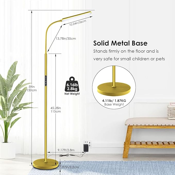 Dimunt LED Floor Lamp, Bright 15W Floor Lamps for Living Room with 1H Timer, Stepless Adjustable 3000K-6000K Colors & Brightness Standing Lamp with Remote & Touch Control Reading Floor Lamps-Golden