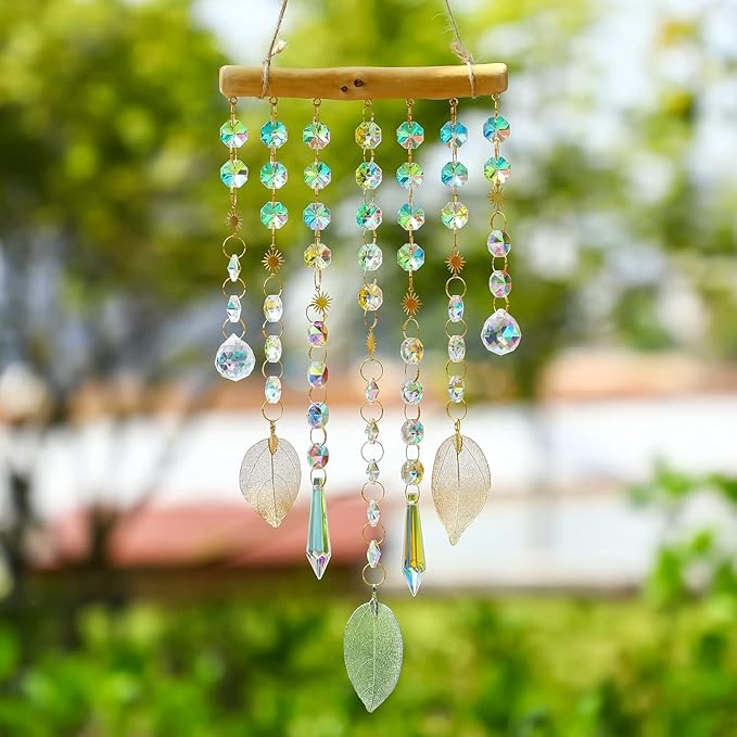 13.1 Inch Crystal Suncatcher with Natural Wood & Leaf Charms - Colorful Hanging Window Ornament for Christmas Tree