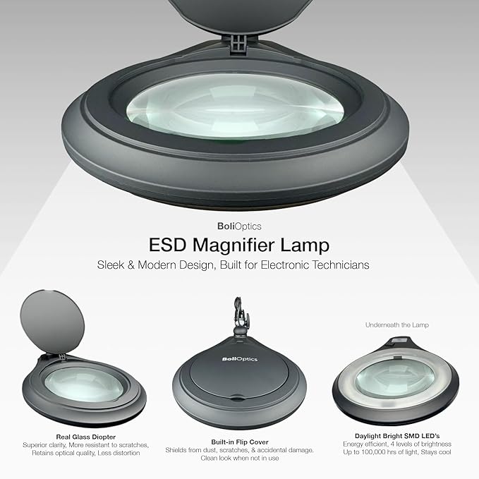 ESD Safe (Glass Lens) Professional LED Magnifying Lamp with Clamp (5 Diopter, 2.25X) Work Light, 4 Brightness Levels, Daylight Bright, 1200 Lumens, 5600K-6000K, Matte Black, BoliOptics MG16303222