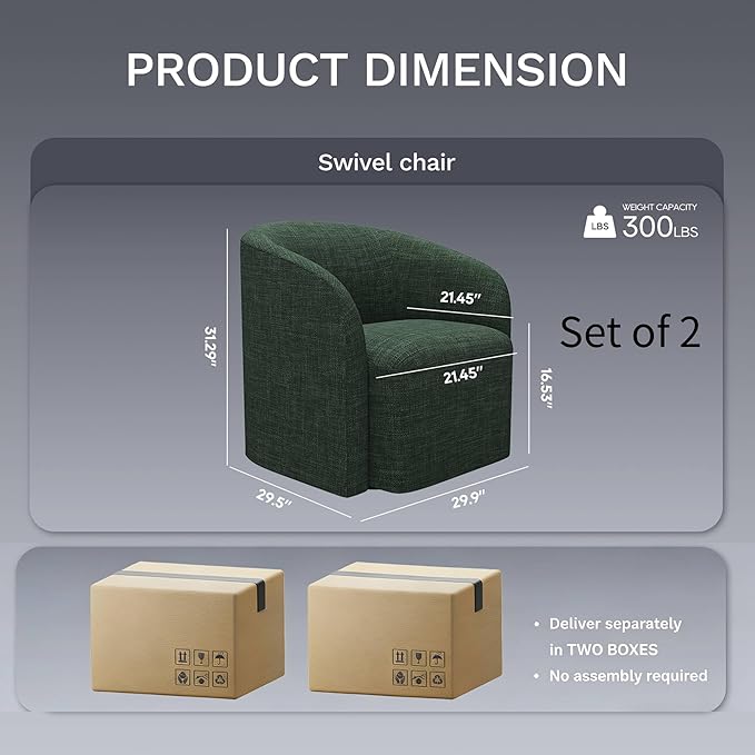 COLAMY Swivel Accent Chair Set of 2, Barrel Chair with Armrest, Comfy Round 360°Mondern Armchair, for Living Room/Bedroom/Waiting Room, No Assembly, Green