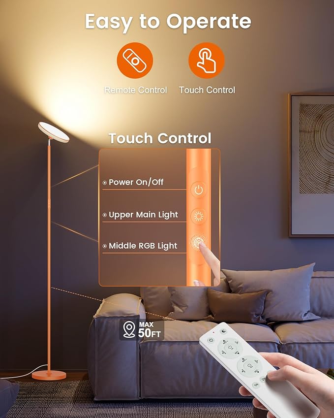 UFO Floor Lamp 71in, Upgraded 42W 3700LM LED Torchiere Floor Lamps for Living Room, Modern Tall Bright Standing Light with Remote, Dimmable Sky Light,1/2/3H Timer for Bedroom,Office(Orange)