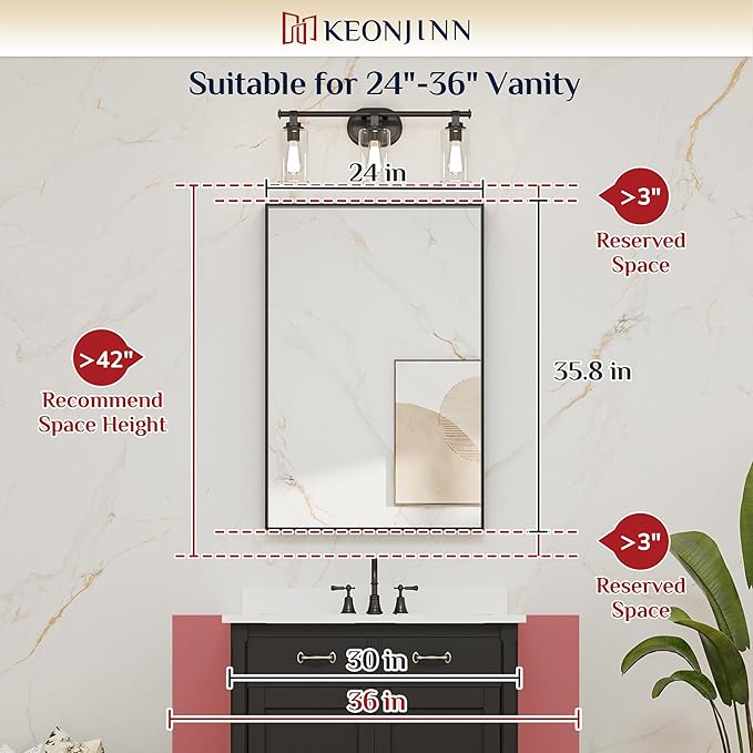 Keonjinn Black Bathroom Mirror 24 x 36 Inch, Rectangular Wall Mirror Brushed Metal Frame, Black Modern Farmhouse Mirrors, Framed Rectangle Bathroom Mirrors for Over Sink(Horizontal/Vertical)