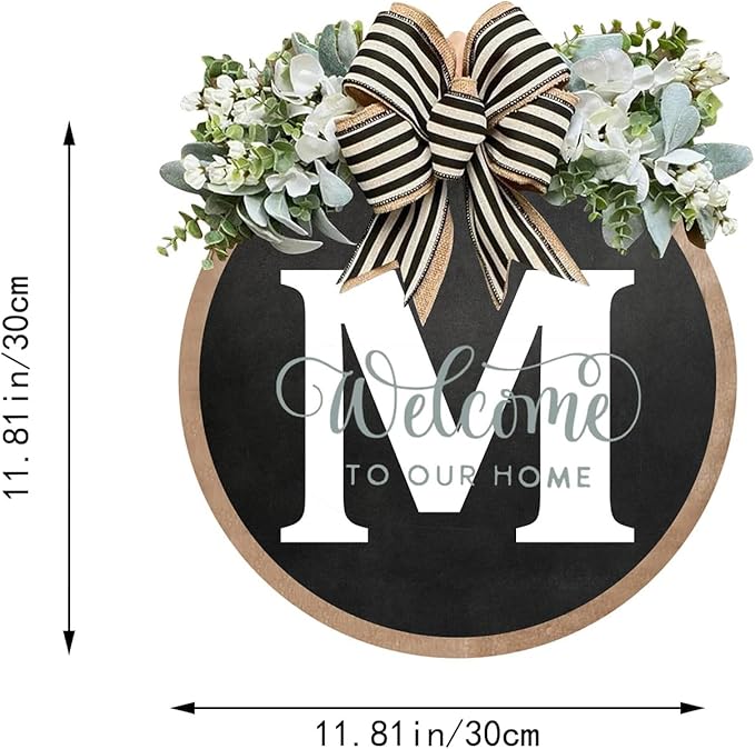 Circular Surname Front Door Welcome Sign - 26 Letter House Wreath, Front Porch Decorations, Year-Round Home Decor (M)