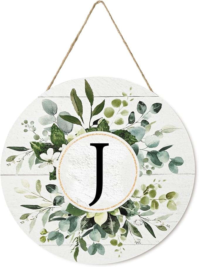 Smile Monogram Letter J Wreaths Wooden Welcome Sign, Family Last Name Initial Front Door Wall Decoration, Floral Spring Summer Porch Rustic Home Kitchen Decor