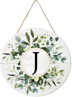 Smile Monogram Letter J Wreaths Wooden Welcome Sign, Family Last Name Initial Front Door Wall Decoration, Floral Spring Summer Porch Rustic Home Kitchen Decor