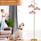 Pink Floor Lamp for Living Room,Bedroom,Gold Mid Century Modern Standing Lamp Brass Tree 3 Light Tall Floor Lamps Vintage Retro Floor Lights Glass Flower Lamp Shade Farmhouse Boho Bohemian