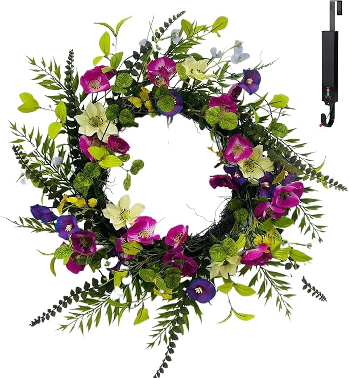 Solar Spring Wreath for Front Door Pre-lit 24inch 50LED Wreaths Spring Summer Decor for Outside Aftificial Wreaths Purple Morning Glory Wreath for Wall Festival Farmhouse Decor(2405)