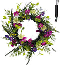 Solar Spring Wreath for Front Door Pre-lit 24inch 50LED Wreaths Spring Summer Decor for Outside Aftificial Wreaths Purple Morning Glory Wreath for Wall Festival Farmhouse Decor(2405)