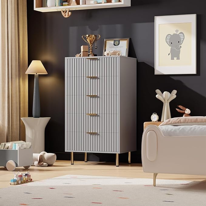 GarveeHome Fluted 5 Drawer Dresser for Bedroom, 48 in Tall Modern Chest of Drawers with Deep Drawers and Wide Top, Wooden Dresser Organizer for Living Room, Hallway, Kids Room, Grey