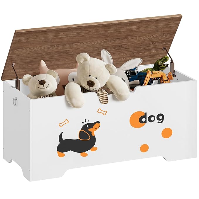 HOOBRO Toy Box, Toy Chest with 2 Safety Hinges, 39.4" Storage Bench, Wooden Storage Chest, for Entryway, Bedroom, Living Room, White and Walnut WH494CW01