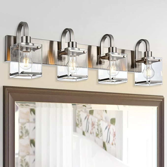Brushed Nickel Bathroom Light Fixtures, 4 -Light Vanity Lighting Fixture Over Mirror with Clear Glass Shade Wall Sconce Lighting for Mirror Kitchen Living Room Bedroom Hallway
