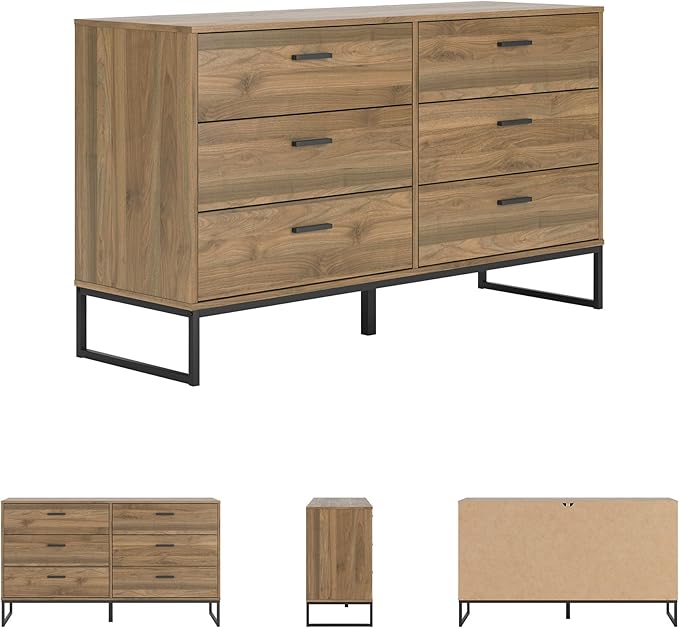 Signature Design by Ashley Deanlow Mid-Century Modern 6 Drawer Dresser with Safety Stop for Bedroom, Light Brown & Black