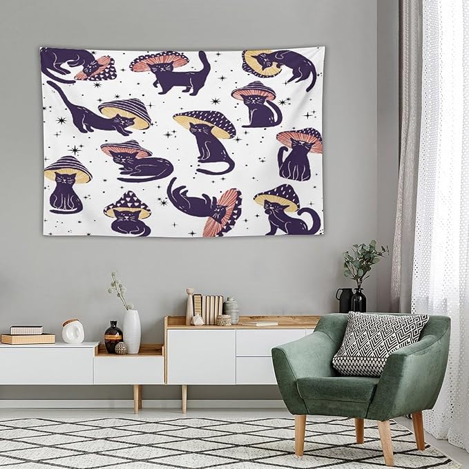 VUMIVI Funny Cat Mushroom Tapestry Retro 70s Hippie Style Cute Black Kitten Star Aesthetic Art Print Tapestry Wall Hanging for Living Room Bedroom Dorm Classroom Aesthetic Decor W90xL60in
