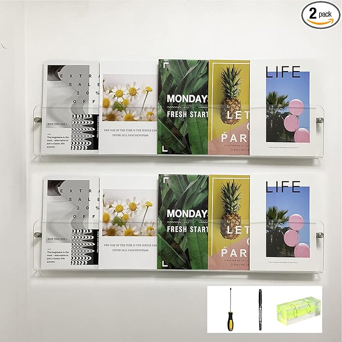 Magazine Holder,Clear Acrylic Wall Mounted Shelf for Waiting Room, Living Room, Office, Home Decor Display (24inch-pack 2)