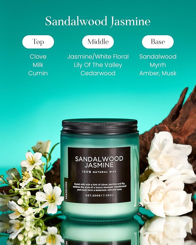 M&SENSE Sandalwood Jasmine Scented Candles, Natural Soy Wax Best Smelling Candle 7.05oz 50 Hour Burning Floral Non Toxic Single Cotton Wick Aromatherapy Gifts for Women Friend