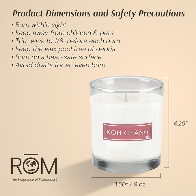 RŌM Luxury Scented Candles for Home, KOH Chang - Soy Wax 9oz, Jar Soy Candles for Home Scented Aromatherapy, Christmas Gift for Women, 60 Hours Burn Time