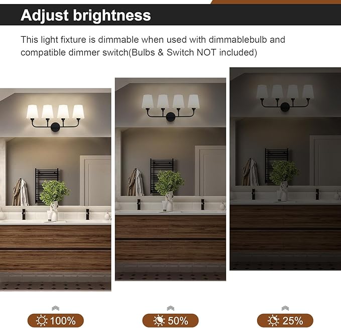Kvhilw Bathroom Vanity Light, Matte Black Bathroom Light Fixtures, 4-Light Lighting Fixtures Over Miror, Modern Wall Sconce with Flared White Fabric Shade, E26 Socket(ETL Listed)