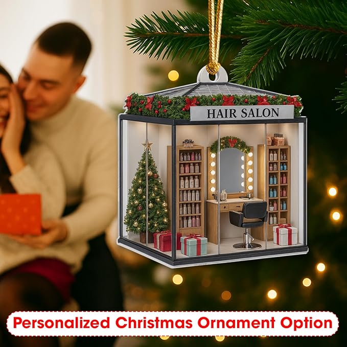 Personalized Hair Salon Christmas Ornament, Custom Acrylic Flat Ornament, Holiday Tree Decor, Gift for Hairdresser, Hairstylist & Beautician
