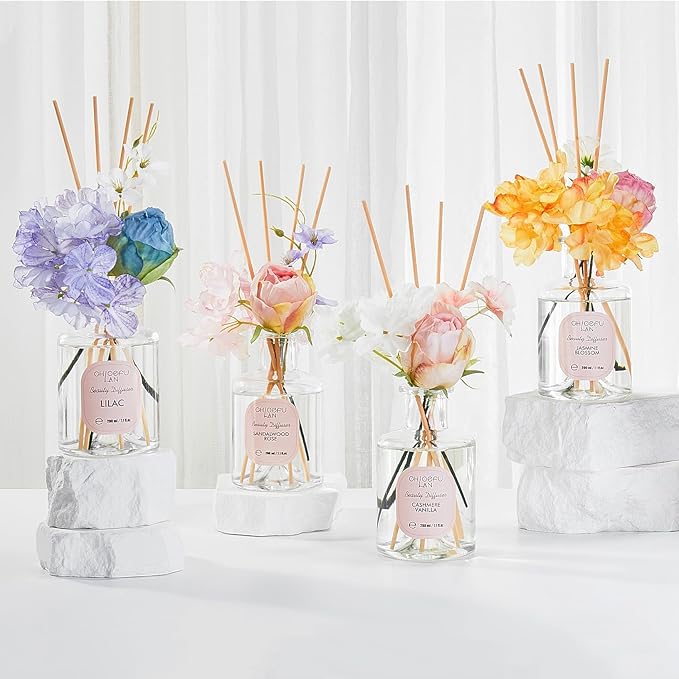 Chloefu Lan Lilac Reéd Diffuser Oil, 6.7 oz Refreshing Natural Essential Scented Oil with Purple Flower Diffuser Sticks,Bathroom Decor, Home & Office Decor,Diffuser Oil Gift Set