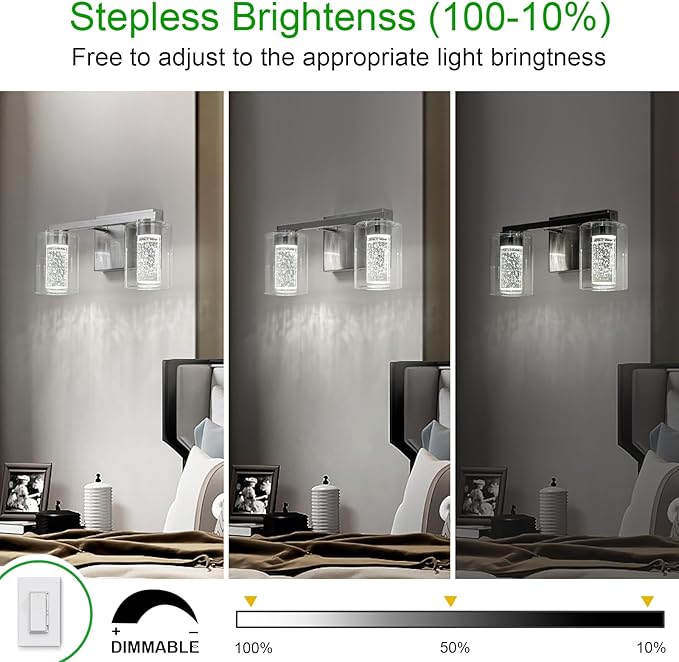 SineRise 2-Light Brushed Nickel Vanity Light with 3 Color Modes (3000K/4000K/6000K), Eye Protection LED Bathroom Light Fixture, Dimmable Modern Wall Light Over Mirror with Clear Glass Shade