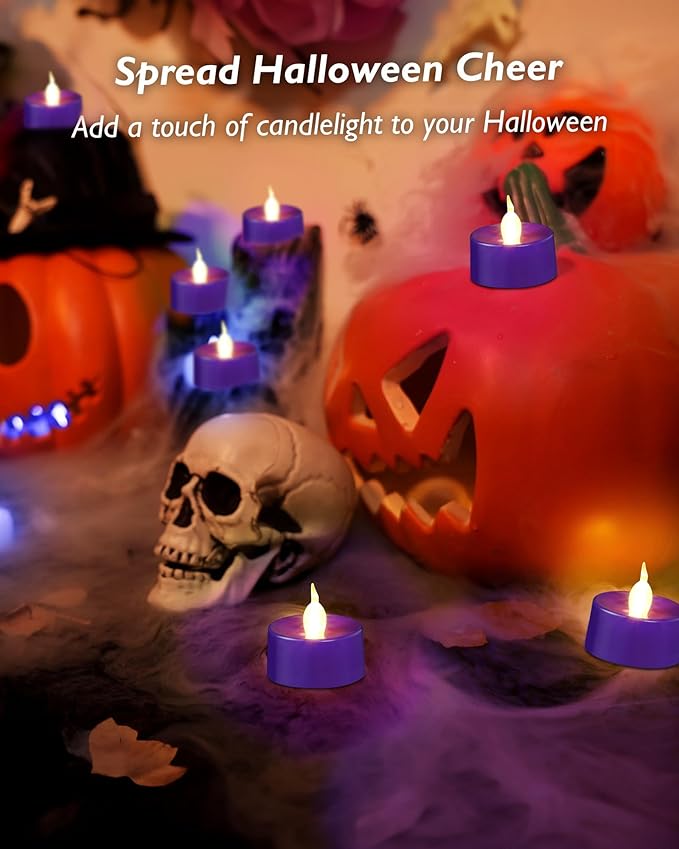 Purple LED Candles, 24 Pack Tea Lights Candles Battery Operated, Flameless Tealight Candle, Realistic Tea Lights for Halloween Christmas Party Decor Mardi Gras