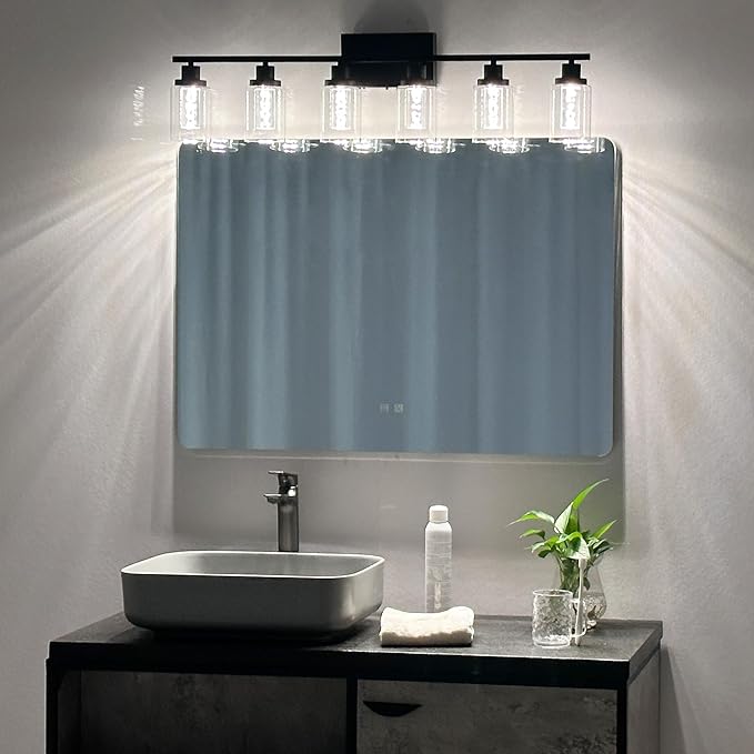 MELUCEE LED Vanity Lights for Bathroom, 6-Light Dimmable LED Bathroom Light Fixtures Black with Crystal Bubble Clear Glass Shade 3000K-6000K LED Wall Light Fixture for Bathroom, Built-in LED Chips