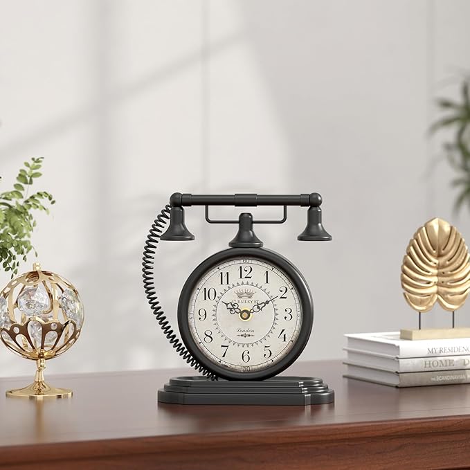 Vintage Table Clock, Desk and Shelf Decor Clock, Black Antique Telephone Style Mantel Clocks, for Living Room, Farmhouse, Bedroom, Bedside, Gift (7.3" H x 7.3" W)