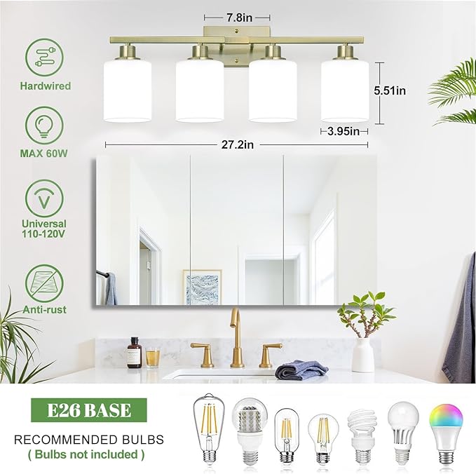 4-Light Bathroom Light Fixtures, Aged Brass Vanity Light with Milky White Shades, Bathroom Lighting Fixtures Over Mirror, Modern Bathroom Wall Lamp for Mirror Living Room Cabinet Bedroom