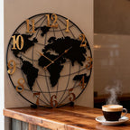 World Map Wall Clock, Black and Gold Vintage Luxury with Metal Frame, Retro Geographic Art for Living Room, Study, Travel Theme Decor, 32 Inch