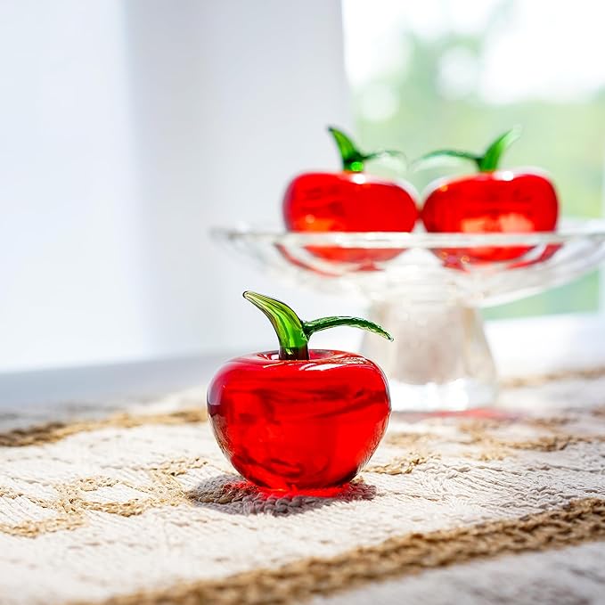 Hand Blown Glass Red Apple Figurine Crystal Fruits Collectibles Apples Art Ornament Decoration for Home Office Kitchen Gift for Women