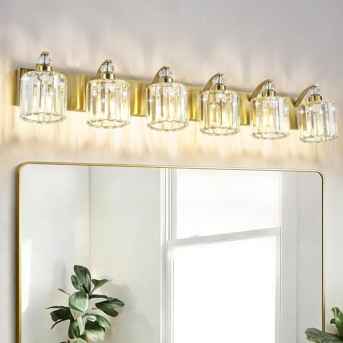 6-Lights Brushed Brass Bathroom Light Fixture Gold Vanity Lights Modern Crystal Bathroom Vanity Lighting Over Mirror Wall Sconce with K9 Crystal Shade E26 Base for Living Room, Bedroom Wall Lamp