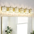 6-Lights Brushed Brass Bathroom Light Fixture Gold Vanity Lights Modern Crystal Bathroom Vanity Lighting Over Mirror Wall Sconce with K9 Crystal Shade E26 Base for Living Room, Bedroom Wall Lamp