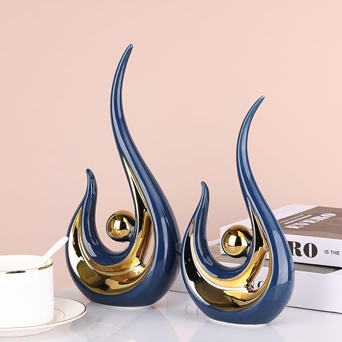 XMGZQ 2pcs Navy Blue Gold Modern Abstract Art Statue Table Decoration,Elegantes Ceramic Statue for Home Décor Accent,Mantel,Bookshelf,Centerpiece Table Decorations for Dining Room,adornos para sala