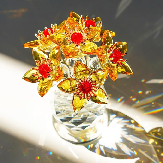 Yellow Glass Flower Bouquet Collectible Figurines Crystal Flower Ornament Wedding Anniversary for Women Wife