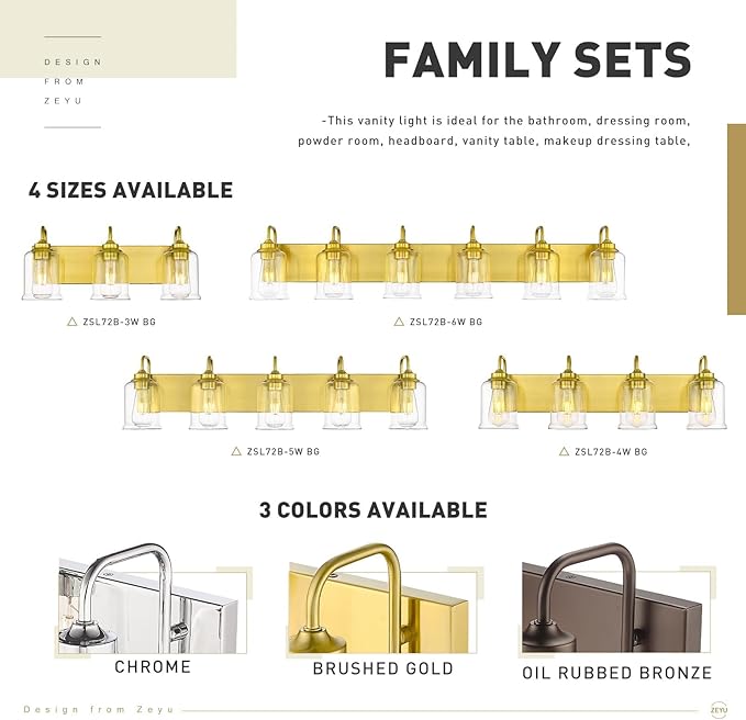 zeyu 21 Inch Gold Bathroom Light Fixtures, 3 Light Bathroom Vanity Light, Modern Vanity Light with Clear Glass Shade, Brushed Gold Finish, ZSL72B-3W BG