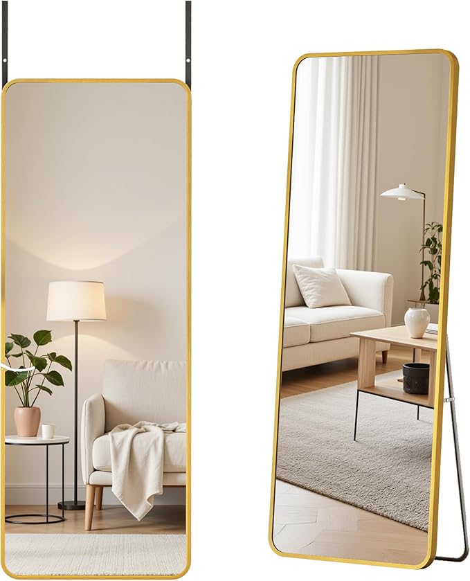 Antok Over The Door Mirror Full Length, 49'' x 14''Wall Mounted Hanging Mirror, Aluminum Alloy Frame, Shatterproof Glass, No Drill Installation for Bedroom, Closet, Bathroom, Dorm, Round Corner,Gold