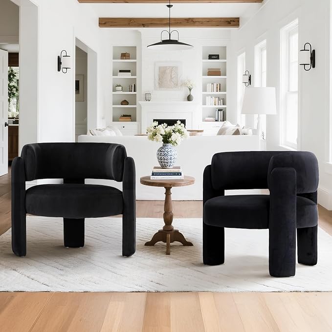 COLAMY Modern Accent Chair Set of 2, Velvet Accent Chairs, Upholstered Barrel Chairs with Solid Wood Legs, Comfy Side Chair for Living Room, Bedroom, Reading, Cozy Reading Chair,Black